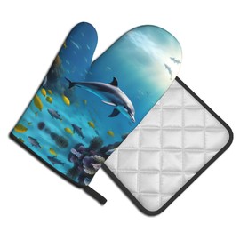 YYHWHJDE Ocean Underwater Dolphin Fish Printing Oven Mitts and Pot Holders Sets of 2 Kitchen Baking Used to Open Pot lids in The Kitchen and to Carry Dishes from Microwave ovens