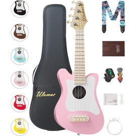 Ulumac Soprano Ukulele, Stylish Shape with White Pickguard Spruce 21.5 inch Ukelele Beginner Kit with Gig Bag, Digital Tuner, Replacing Strings, 3 Guitar Picks, Strap, Cloth, Pink, P005WPN