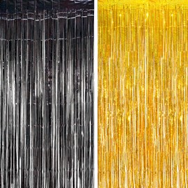BRAVESHINE Black Gold Foil Fringe Curtain Backdrop - 2 Pack 3.2 x 8.2 ft Metallic Tinsel Photo Booth Streamers Curtains for 50th Birthdays Christmas New Years Anniversary Graduates Party Decorations