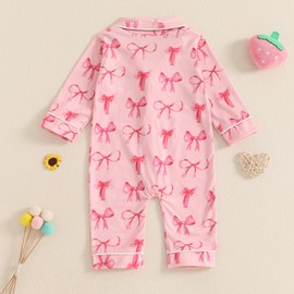 Balaflyie Baby Girl Button Down Pajamas Romper One-Piece Jumpsuit Long Sleeve Sleeper Infant Sleepwear (Ribbon Bow&Pink,18-24 Months)
