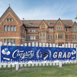 Graduation Decorations, Graduation Banner 2025, Blue and Silver Graduation Sign, Large 2025 Graduation Party Decorations, GRAD Congrats Backdrop Yard Sign Banner for Indoor Outdoor Wall Yard 300*50cm