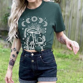 Women Mushroom Shirts Moon Graphic Tees Floral Flowers Printed Aesthetic Hiking Adventure Nature Short Sleeve Shirts Green-L