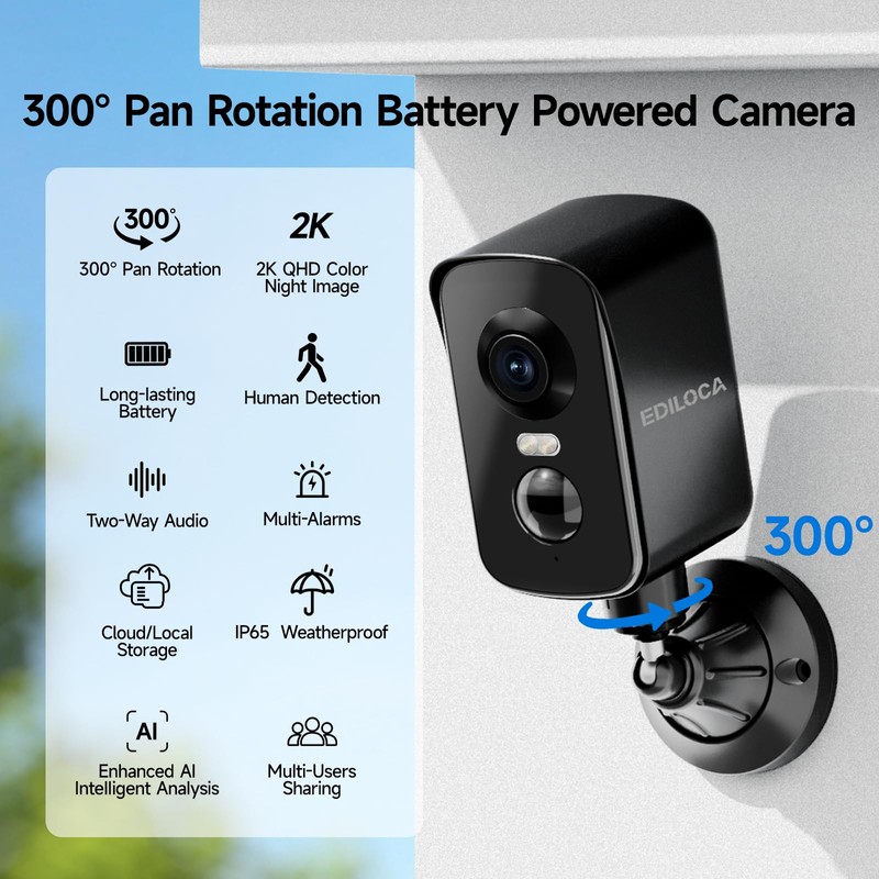 Ediloca Security Cameras Wireless Outdoor, 2K Pan Rotating 300° Battery