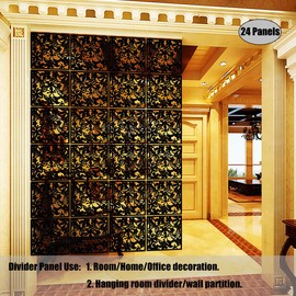 LRZCGB Hanging Room Divider,24 Pieces PVC Screen Partition Panel with Butterfly Flower Bird for Living Dining Study Sitting-Room Hotel Bar Decoration (Black, 24)