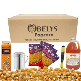 All-in-One Popcorn Party Kit - Includes 4 x Obelys 2lb Gourmet Kernels, 1 Premium Salt Cartons, 1 Gallon Popping Oil, 1 Stainless Steel Shaker & 1 Measuring Spoon for Movie Nights & Celebrations
