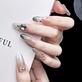 Handmade Press On Nails impress Fake Nails Medium Long Almond Oval 3D Black Crystal and Diamond design Thick Hand Finger Manicure glue False Nails press ons Nail Artificial Nails for women