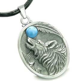 BestAmulets Amulet Howling Wolf Simulated Turquoise Moon Crystal Lucky Charm Pendant Necklace
