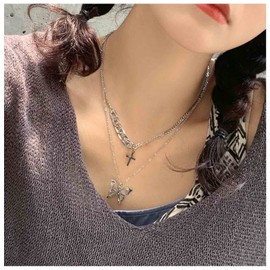 Yheakne Boho Butterfly Layered Necklace Silver Cross Pendant Necklace Punk Curb Chain Choker Necklace Vintage Religion Necklace Chain Jewelry for Women