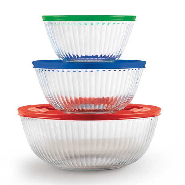 Pyrex Sculpted (3-Pack) Glass Mixing Bowls Set With Lids For
