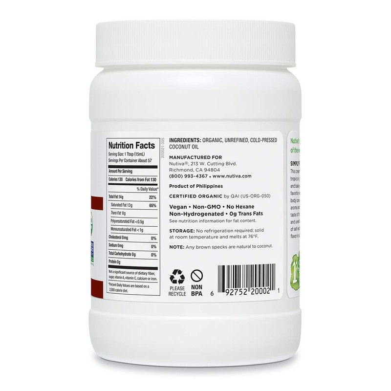 Nutiva Organic, Cold-Pressed, Unrefined, Virgin Coconut Oil from Fresh, non-GMO,