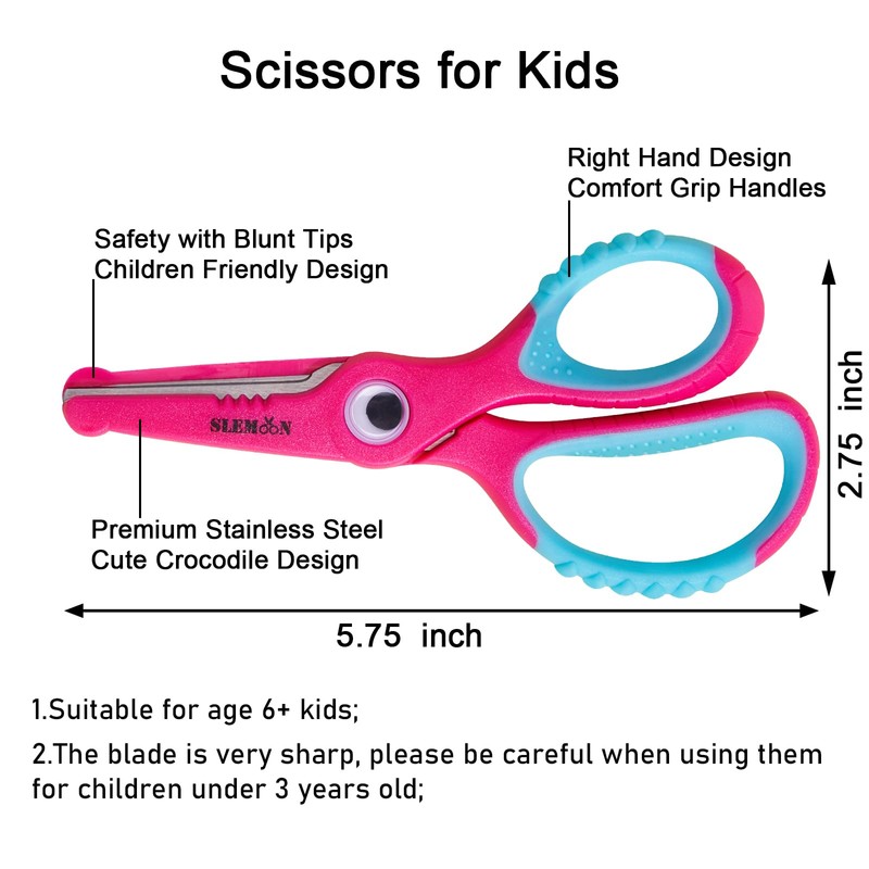SLEMOON Kids Scissors 5.5 Inch,Blunt Tip Toddler Safety Scissors,3 Pack