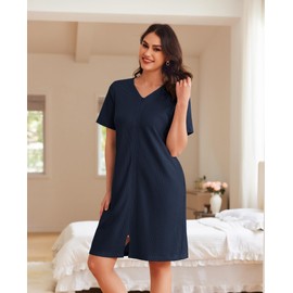 Ekouaer Women Zipper Robes Waffle Short Bathrobe Lightweight House Coat with Pockets Soft Nightgown(Navy Blue, X-Large)