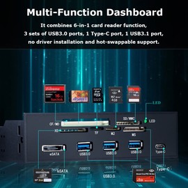 Bewinner 5.25inches Multifunction Internal Card Reader Dashboard PC Front Panel USB 3.0 Card Reader Internal with 3 USB 3.0 Ports Supports M2, MSO, SD, MS, XD, 64G CF Card