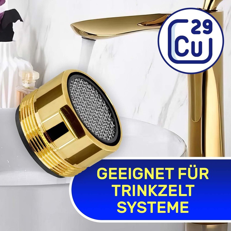 Aerator for taps with connection M24. Made of gold-plated brass.