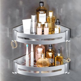 Aphromirel Shower Shelf No Drilling Shower Shelf Corner Pack of 2 Silver Aluminium Shower Shelf Bathroom Organiser with 4 Hooks for Bathroom Kitchen