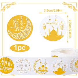 500pcs Gold Foil Ramadan Stickers, 1in Eid Mubarak Sticker Roll 9 Patterns Ramadan Kareem Labels for Gift Tag Greeting Cards Envelope Muslim Party Decorations