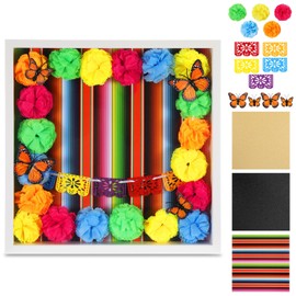 AceOrbit 29 Pcs Day of the Dead DIY Shadow Box Craft Set Large 12 X12 Inch Ofrenda Memorial Shadow Box with Day of the Dead Banner Marigold Flowers Background Paper Simulation Butterflies (Multicolor)