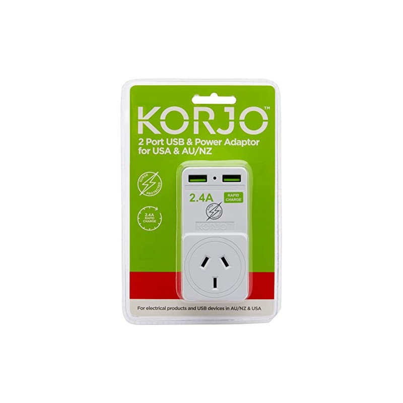 Korjo US USB Adaptor Australia, 2X USB Sockets, 1x AUS/NZ