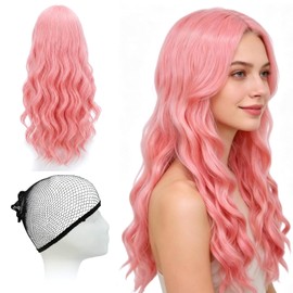 24 In Long Light Pink Wavy Wig for Women