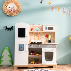 Costzon Kids Kitchen Playset, Wooden Pretend Play Kitchen Toy Set w/Realistic Light & Sound, Microwave, Ice Maker, Oven, Cookware Accessories, Toddlers Cooking Toyset, Gift for Boys Girls Age 3+