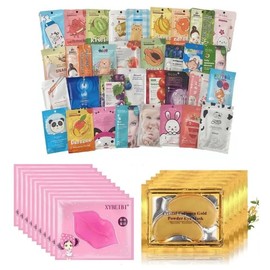 Paquete de 10 Mascarillas Coreanas Hidratantes +10 Pares de Parches Labios Colágeno +10 Pares de Parches para Ojos Ojeras, Ideal para el cuidado facia