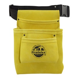 GRAINTEX SS2309 3 Pocket Nail & Tool Pouch Yellow Color Suede Leather with 2” Webbing Belt for Constructors, Electricians, Plumbers, Handymen