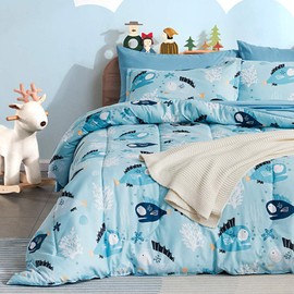 SLEEP ZONE Kids Bed-in-a-Bag Bedding Set Easy-Care Microfiber Ultra Soft Comforter and Sheet Sets with Shams 7 Pieces Little Fish, Light Blue, Full/Queen