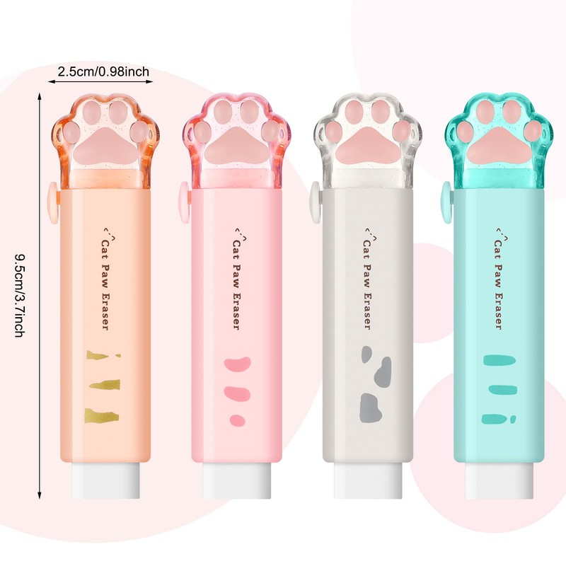 RosewineC 4 Pcs Cat Paw Shaped Retractable Erasers, 4 Color