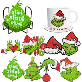 8 Pcs Christmas Diamond Art Painting Coasters Kits DIY Cartoon Diamond Art Painting Coaster Xmas Green Elf Coasters with Holder Diamond Craft Painting Kits Supplies for Holiday Gift
