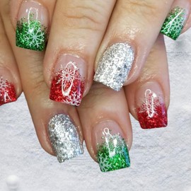 Christmas Glitter French Press on Nails Short Square Fake Nails White Snowflakes False Nails Red Green and Silver Glitter Acrylic Nails Full Cover Stick on Nails for Women Party Nails Decoration 24pcs