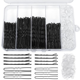 Set di 460 forcine e elastici per capelli, 220 spilli Bobby 2 misure e 240 elastici per capelli con scatola per donne e ragazze (nero)