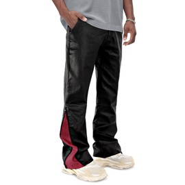 GINGTTO Black Leather Stacked Flare Pants for Men, Mens Convertible Pants Zip Off Legs 28