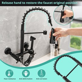 JPHOMES Wall Mount Kitchen Faucet with Pull Out Sprayer, 8 Inch Center 2 Handles Commercial Sink Faucet with Temperature Display Head for Kitchen, Matte Black