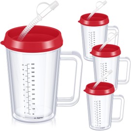 Kritkin 4 Pcs 20 oz Hospital Water Cup with Straw and Lid Insulated Double Walled Water Bottle Hospital Carafe Mug with Handle Graduated Plastic Elderly Drinking Cup with Straw(Red)