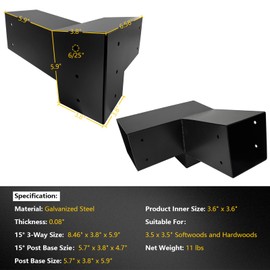 Qrooviiy 15 Degree Pegola Bracket Kits,3-Way Right Corner Woodwork Brackets for 4" x 4" (Actual:3.5"x3.5") Lumber,DIY Gazebo Brackets for Patio Pergolas, Gazebos, Log Cabin W/Hardware - 2Pack