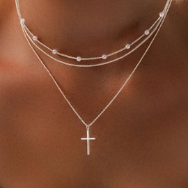 Airmb Layered Necklaces for Women 925 Silver Plated Dainty Cross Chain Trendy Pearl Choker Satellite Charm Small Crucifix Pendant Silver Necklace Stack Hypoallergenic Delicate Gift for Women