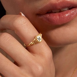 Honsny Dainty Initial Rings for Women Vintage 14k Gold Plated Chunky Gold Rings Non Tarnish Hypoallergenic Gold Stackable Rings for Mother Daughter Birthday Jewelry Gifts Size 9