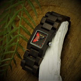 Holzwerk Germany Handgefertigte Designer Damen-Uhr Öko Natur Holz-Uhr Braun Schwarz Rot Grün Armband-Uhr Analog Klassisch Quarz-Uhr (Braun.Rot)