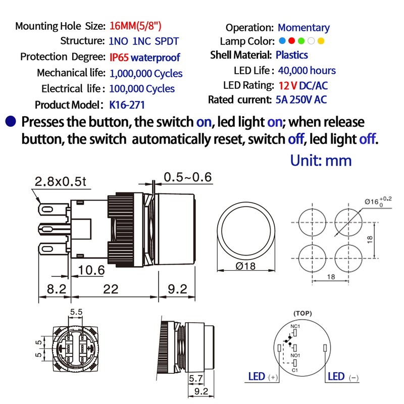16MM Momentary Push Button Switch 12VDC LED Light Round Head