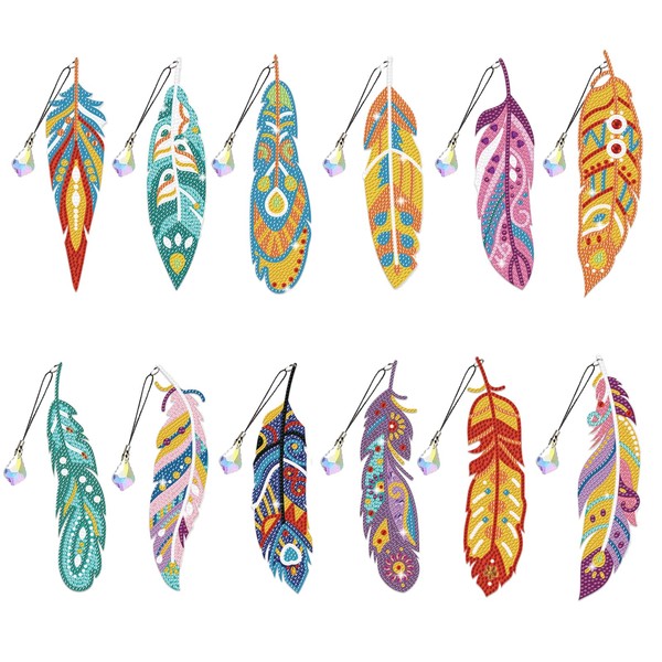 beinkmake 12Pcs Boho Feather Diamond 5D Rhinestones Painting Bookmarks DIY