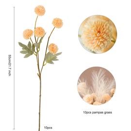 Faux Kiku Flower 10 Pcs Chrysanthemum Flowers with Pampas Grass, Small Ball Flowers Chrysanthemum Flowers Boho Home Decor Floral Arrangements Centerpiece