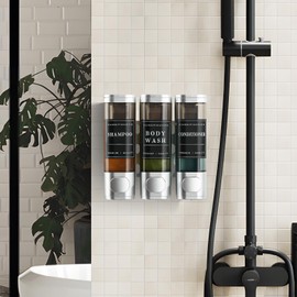 Shampoo and Conditioner Dispenser,Shower Dispenser 3 Chamber No Drill Wall-Mounted Shampoo Dispenser for Shower Wall Mounted Body Wash Dispenser for Bathroom Hotel Kitchen Large Capacity,Silver