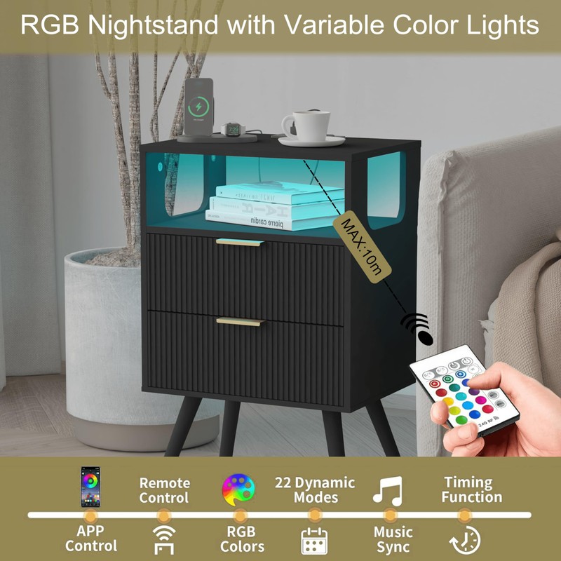JOONEE Black Nightstand with Charging Station and LED Lights,Modern Bedside