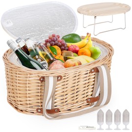 Zettfuly Picnic Basket Set for 4 - Wicker Insulated Picnic Basket with Folding Wine Table, Wine Picnic Kit with Liner for Couples, Camping, Outdoor, Valentine (WhiteFlower)