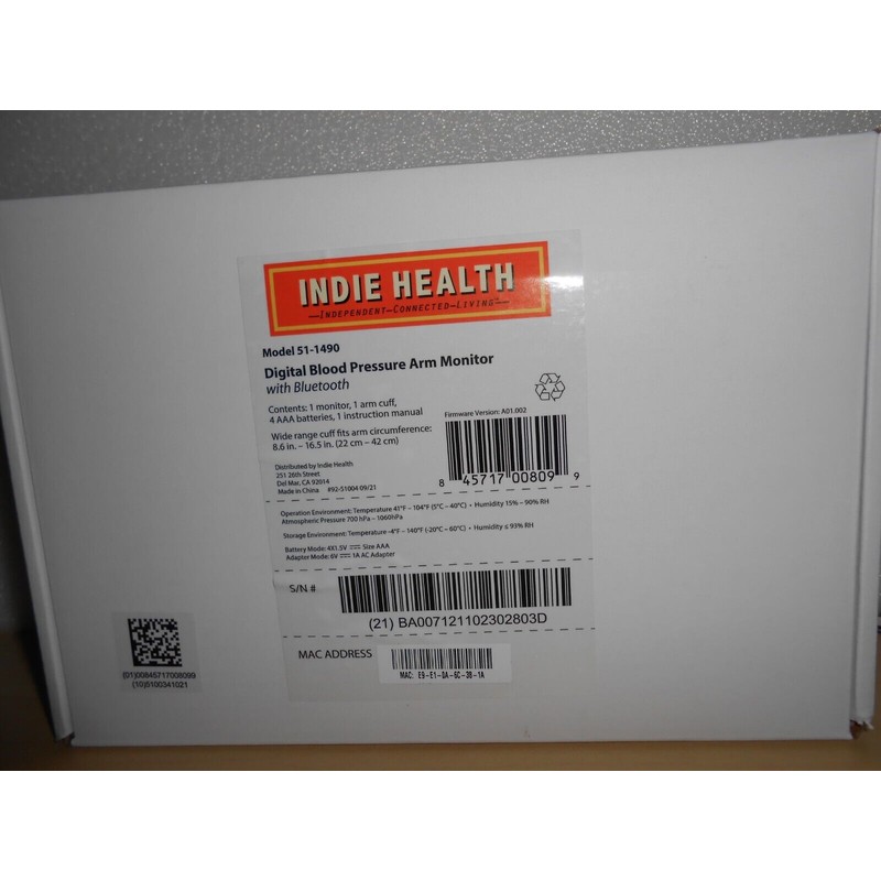 Indie Health Upper Arm Blood Pressure Monitor - 51-1490