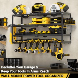 YYR 4 Layer Power Tool Organizer Wall Mount, Cordless Drill Hanger Storage Rack, Battery Tools Holder with Charging Station Shelf for Garage Organization, Workshop, Pegboard, Shed - 32 Inch 8 Slots