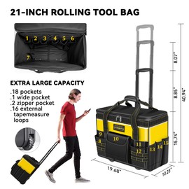 POWSTR 21" Rolling Tool Bag with Wheels,Portable Waterproof Large Tool Storage Bag Organizer with Adjustable Aluminum Telescoping Handle for Repairman Electrician and Mens