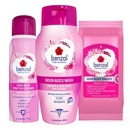Benzal Kit Oddor Block, Toallitas Humedas Paquete con 12, Desodorante Mujer 120ml, Jabón Íntimo Femenino 240ml