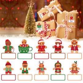 Whaline 120Pcs Christmas Gingerbread Man Name Stickers Red Green Gingerbread Pattern Name Labels Xmas Paper Gift Tag Adhesive Stickers for Winter Christmas Birthday Party Gift Wrap Decor, 10 Designs