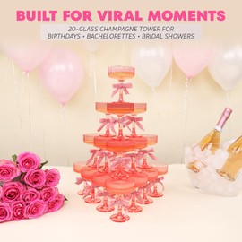 ACRYLIC Champagne Tower - 7oz. Set of 20 Pink Champagne Flutes - Vintage Art Deco Style for Birthdays & Parties - Hosting Essentials - Pink